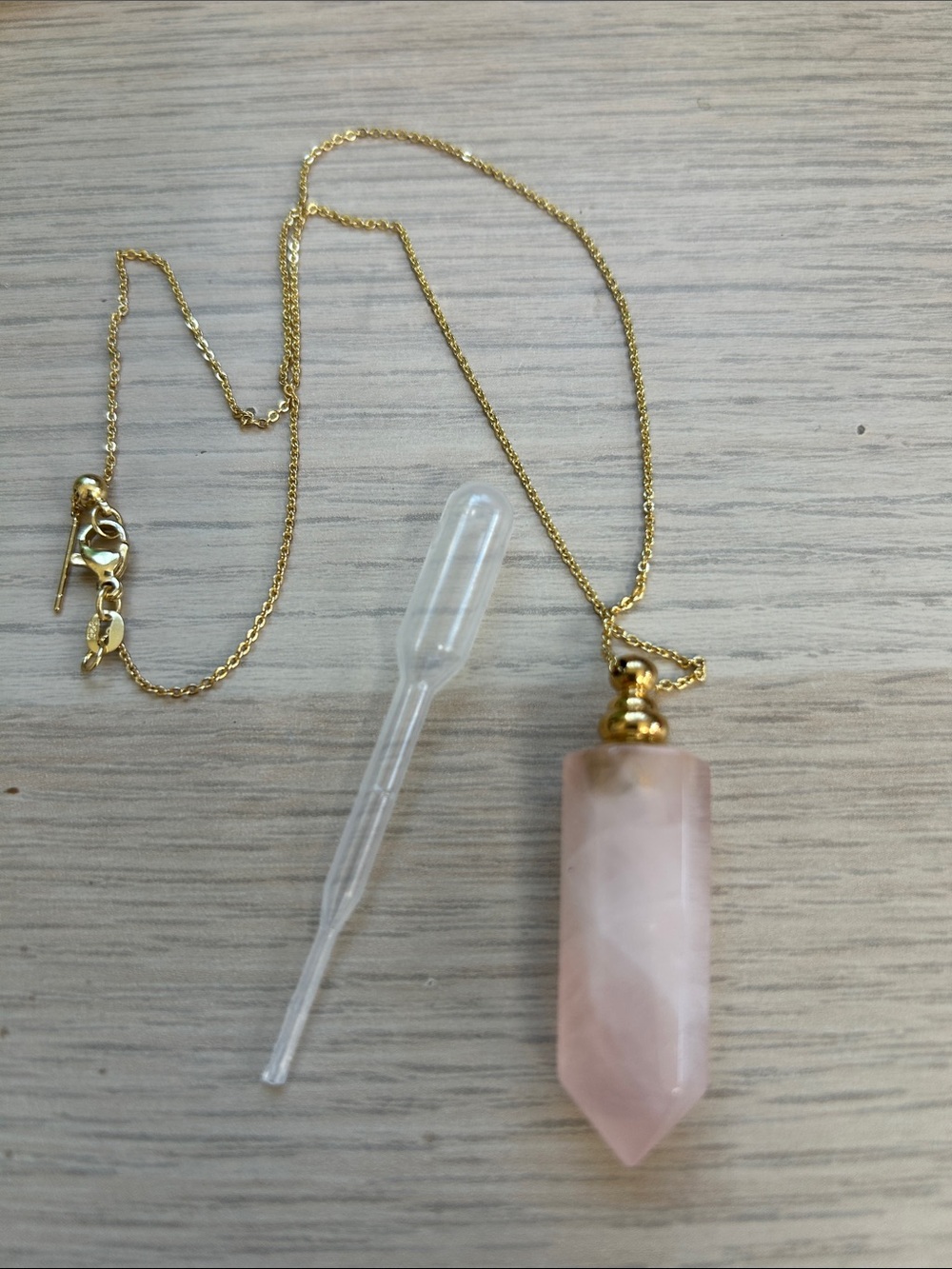 Gold Chain Rose Quartz Pendant Necklace with Dropper - Delicate Pink